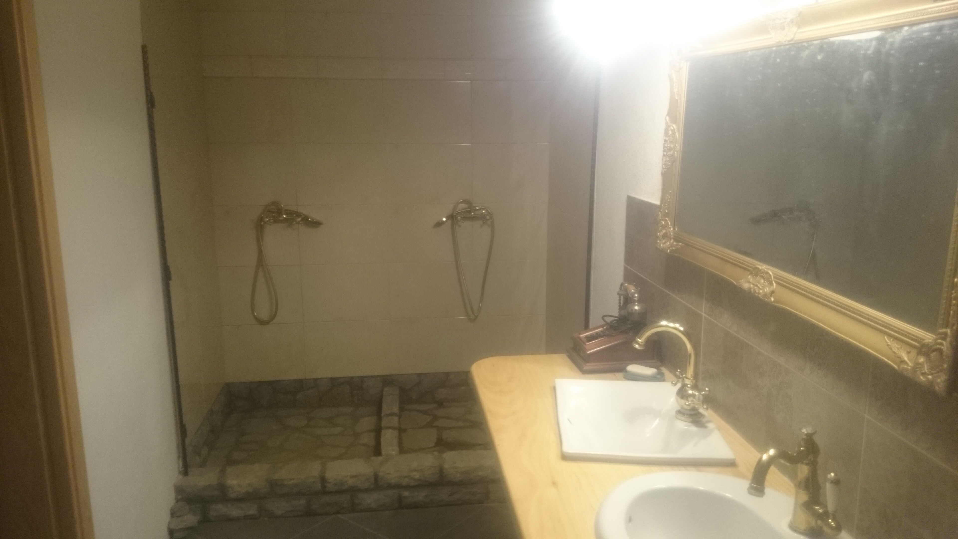 Shower, towels, soap, toilet paper