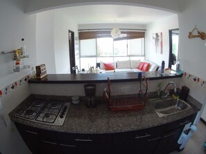 Fridge, microwave, coffee/tea maker, blender