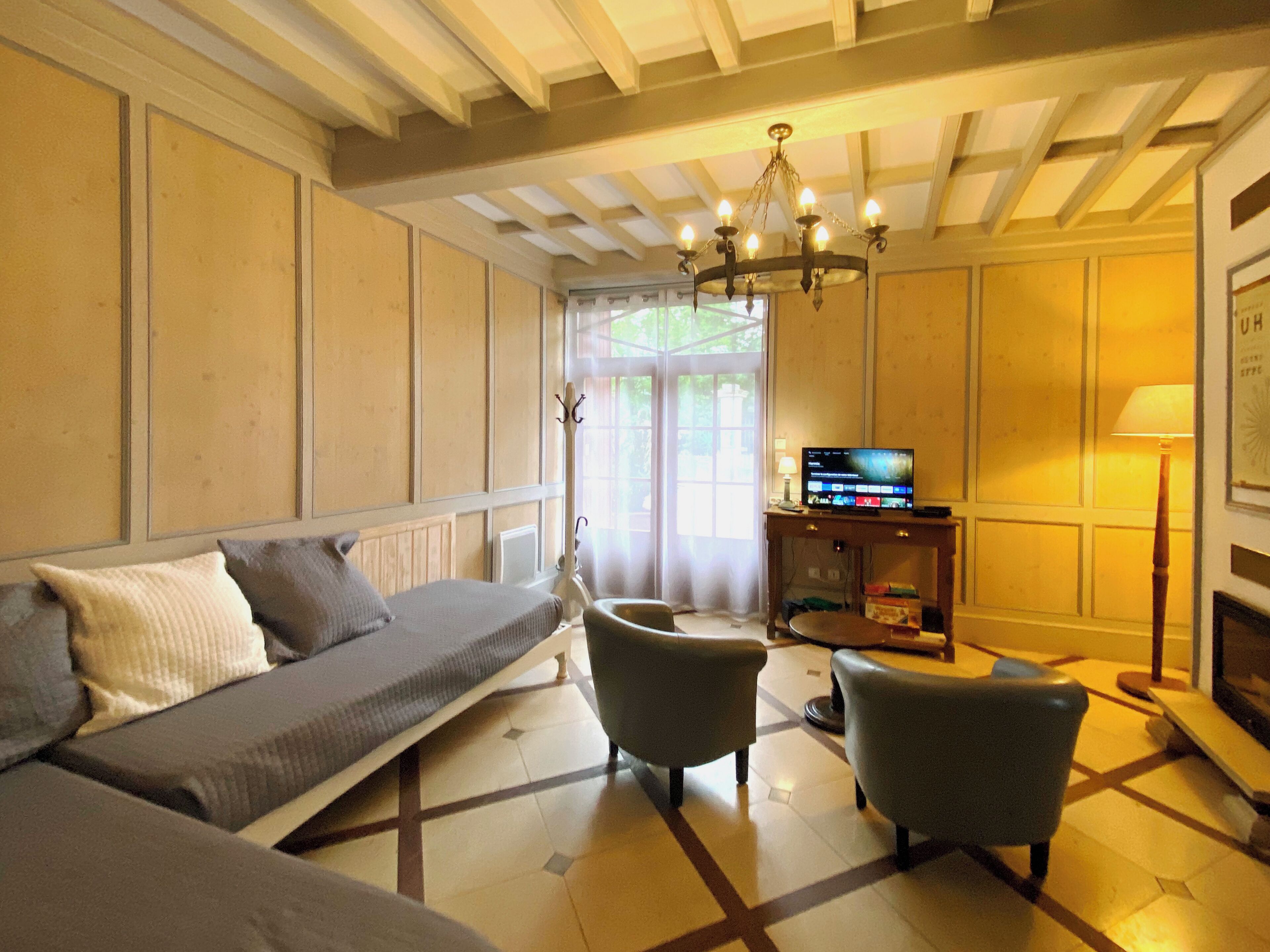 Télévision, cheminée, lecteur de DVD, table de tennis de table