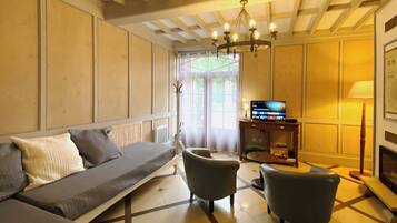 Télévision, cheminée, lecteur de DVD, table de tennis de table