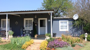 A house with a porch, a dog, and a garden with various plants and flowers. - Stoneybrooke farm (Tierpoort)