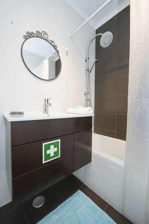 Combined shower/tub, hair dryer, towels, soap