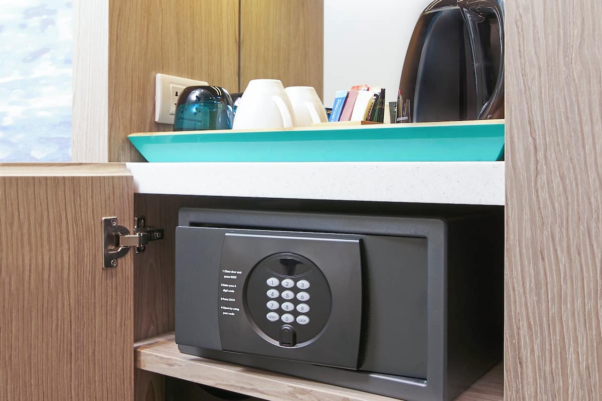 In-room safe, desk, laptop workspace, blackout drapes