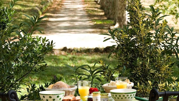 A dining table set outdoors with breakfast items, surrounded by greenery and trees. - Chateau Mentone (Saint-Antonin-du-Var)