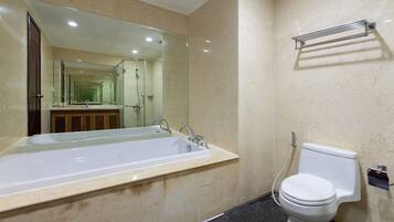 Combined shower/tub, hair dryer, soap, shampoo