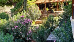 Un sentier de jardin mène à un belvédère en bois surmonté d’un toit en tuiles, entouré de diverses plantes et fleurs.