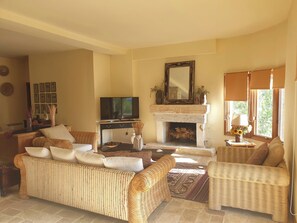 تلفزيون، مدفأة، كُتُب، ستيريو