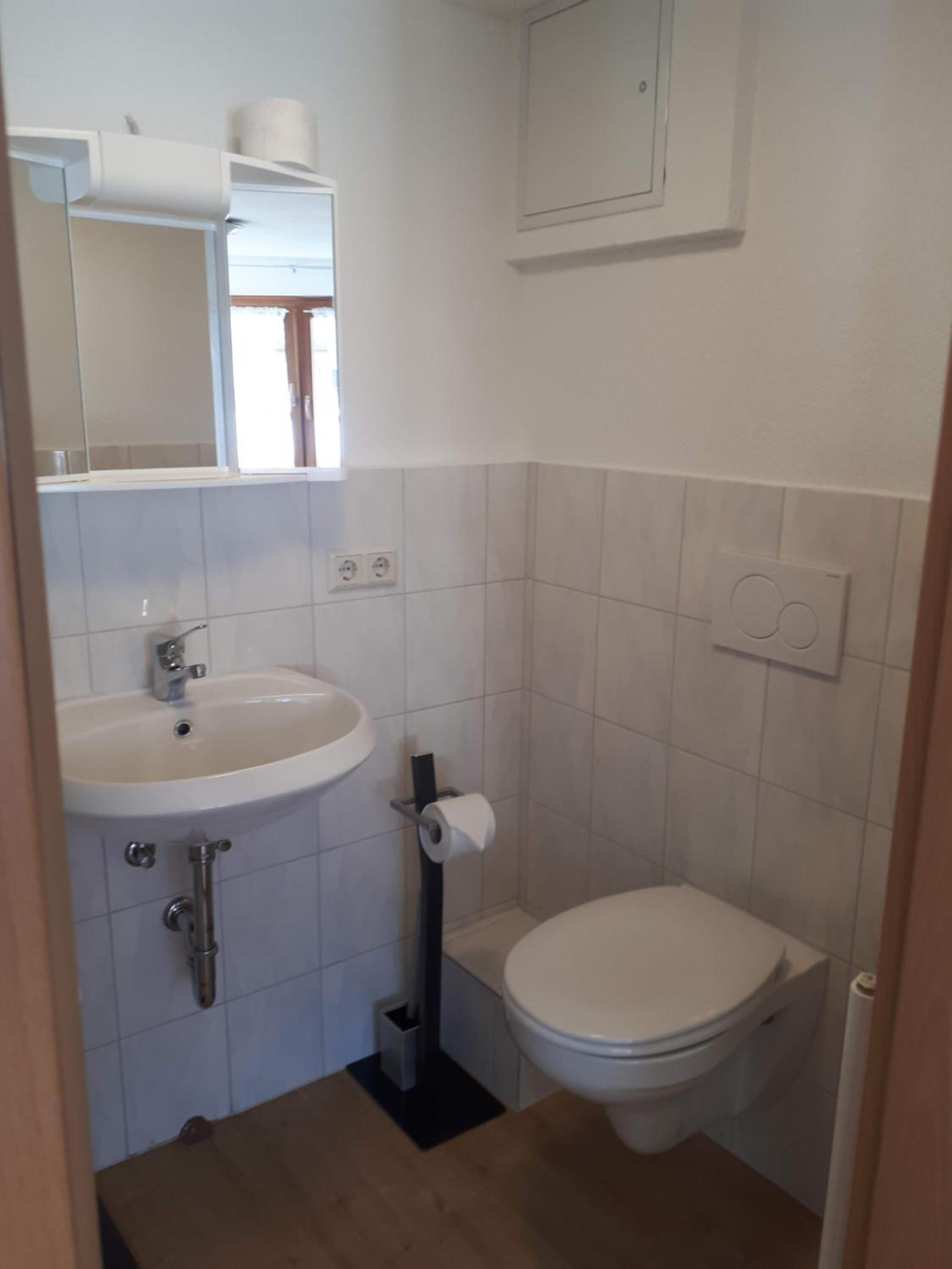 A small, clean bathroom with a white sink, toilet, and mirror.