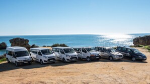 Una fila de furgonetas blancas estacionadas en una playa arenosa, con el océano al fondo.