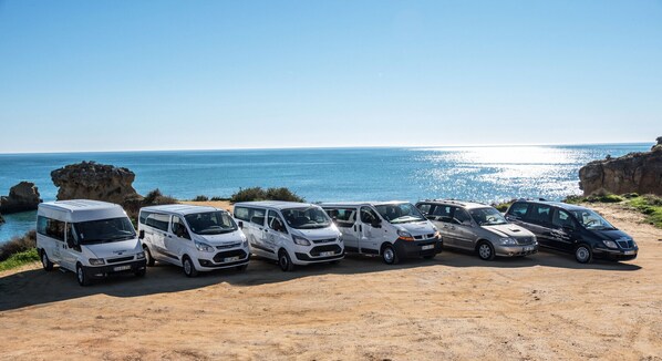 File di furgoni bianchi parcheggiati su una spiaggia sabbiosa, con l'oceano sullo sfondo.