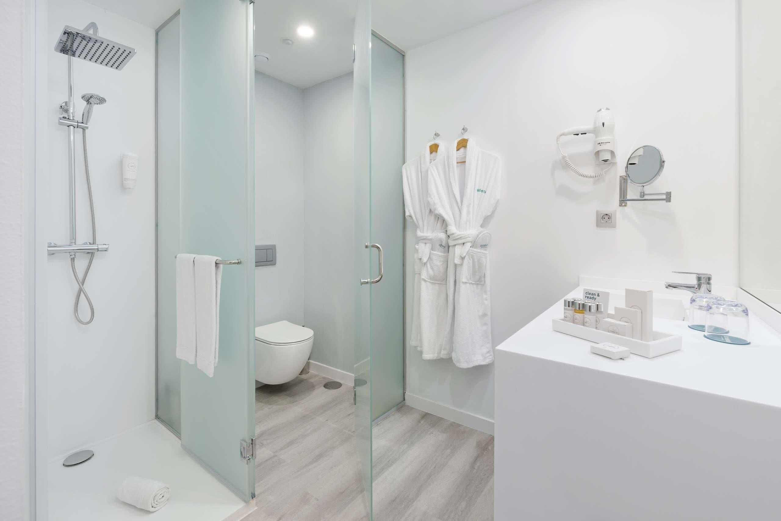 shower, rainfall showerhead, hair dryer, bathrobes