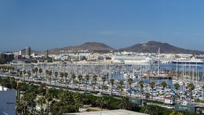 Un puerto deportivo con numerosos barcos, un crucero y un paisaje urbano con montañas al fondo.