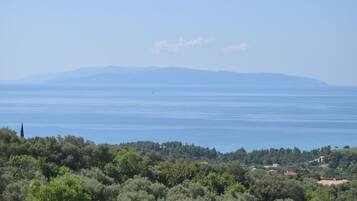 Eine Küstenlandschaft mit Blick auf das Meer und ferne Berge.