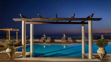 Seasonal outdoor pool, pool umbrellas, pool loungers