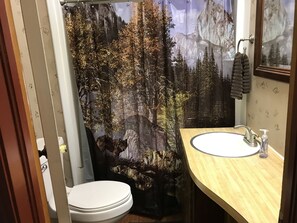 Ein Badezimmer mit einer Duschvorhang mit Waldmotiv, einer weißen Toilette und einem hölzernen Waschtisch mit Spiegel.
