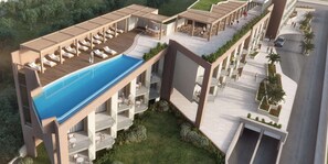 Un hotel moderno con piscina en la azotea, zonas de estar al aire libre y un jardín ajardinado.