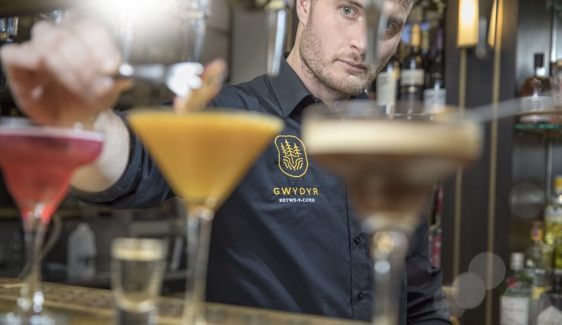 A bartender at a bar with a dark shirt featuring a logo and text.