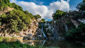 Een waterval die in een rustig vijver stort, omgeven door rotsachtig terrein en weelderige begroeiing.