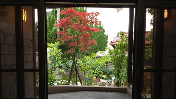 A view through a doorway into a courtyard with a red tree, a stone wall, and a tiled floor. - Minshuku Unzen (Unzen)