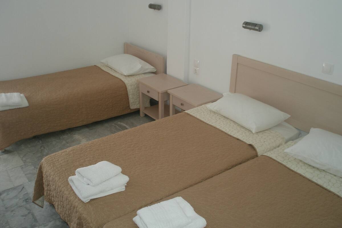 A hotel room with two single beds, each with a brown bedspread and white pillows, and a small bedside table.