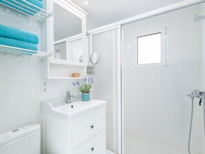 Shower, hair dryer, towels
