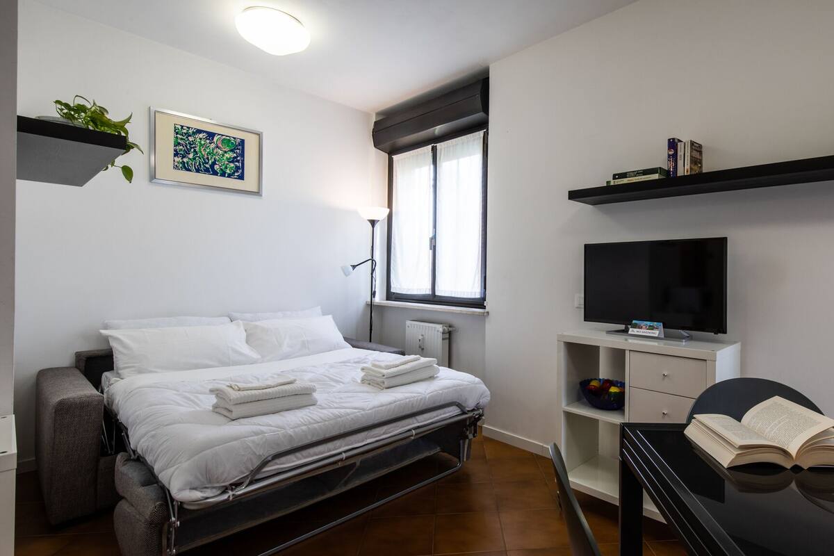Une chambre bien rangée, avec un lit, une table de chevet, une télévision et des étagères remplies de livres et agrémentées d’une plante.