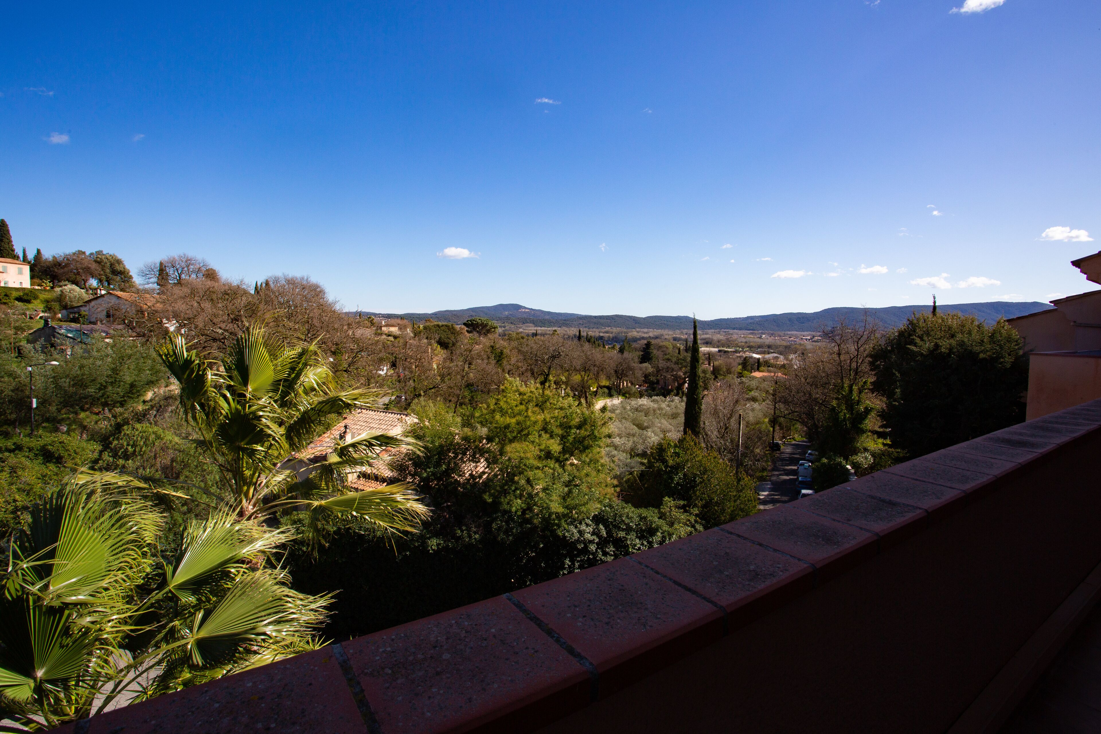 A balcony with a view of a residential area, including houses and trees.