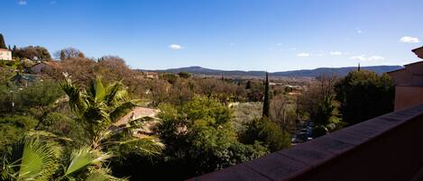 A balcony with a view of a residential area, including houses and trees.