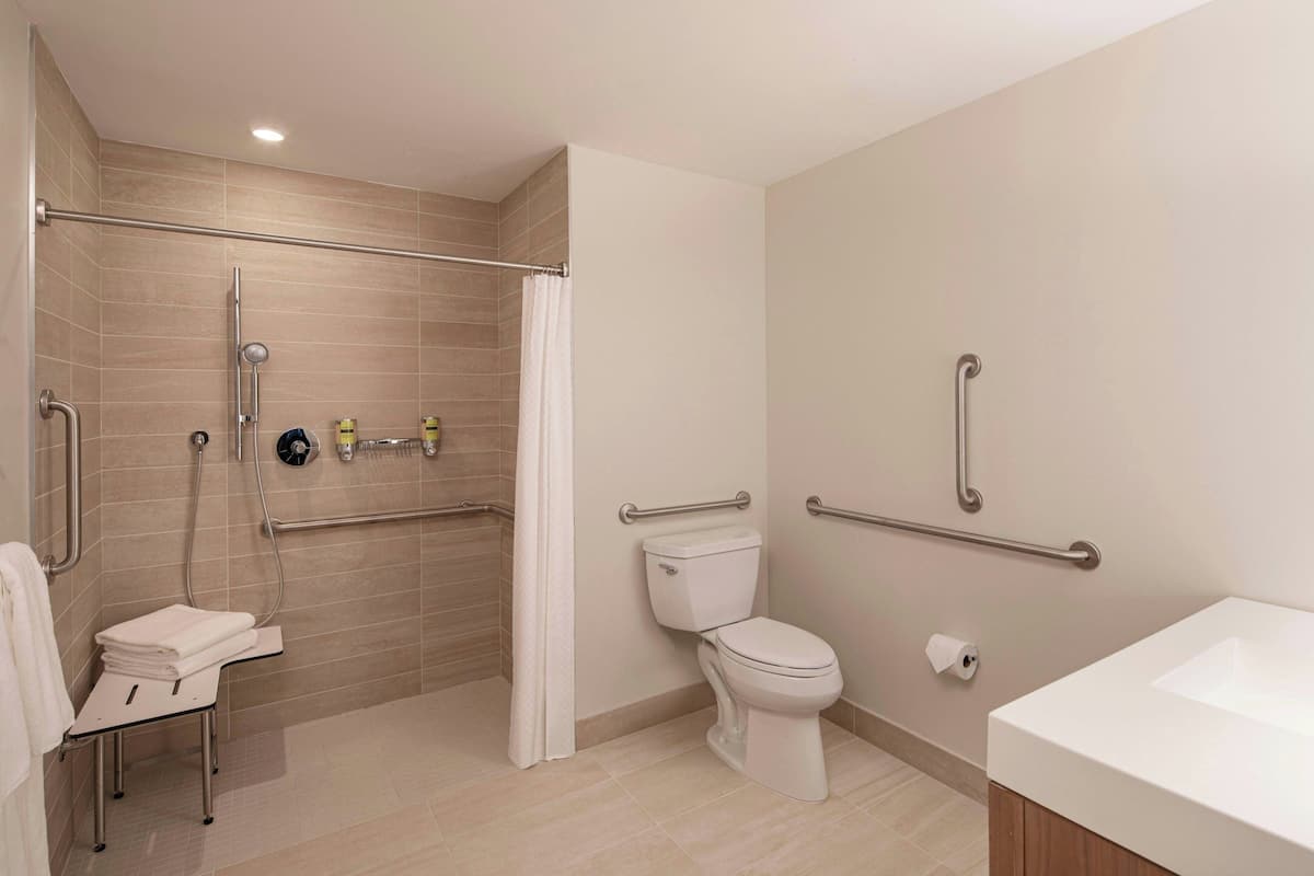 Shower, rainfall showerhead, free toiletries, hair dryer