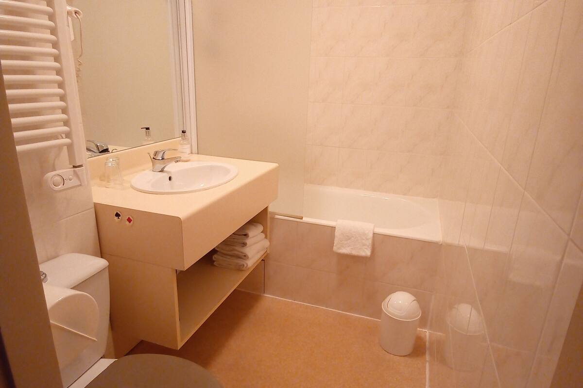 hair dryer, towels, soap, shampoo