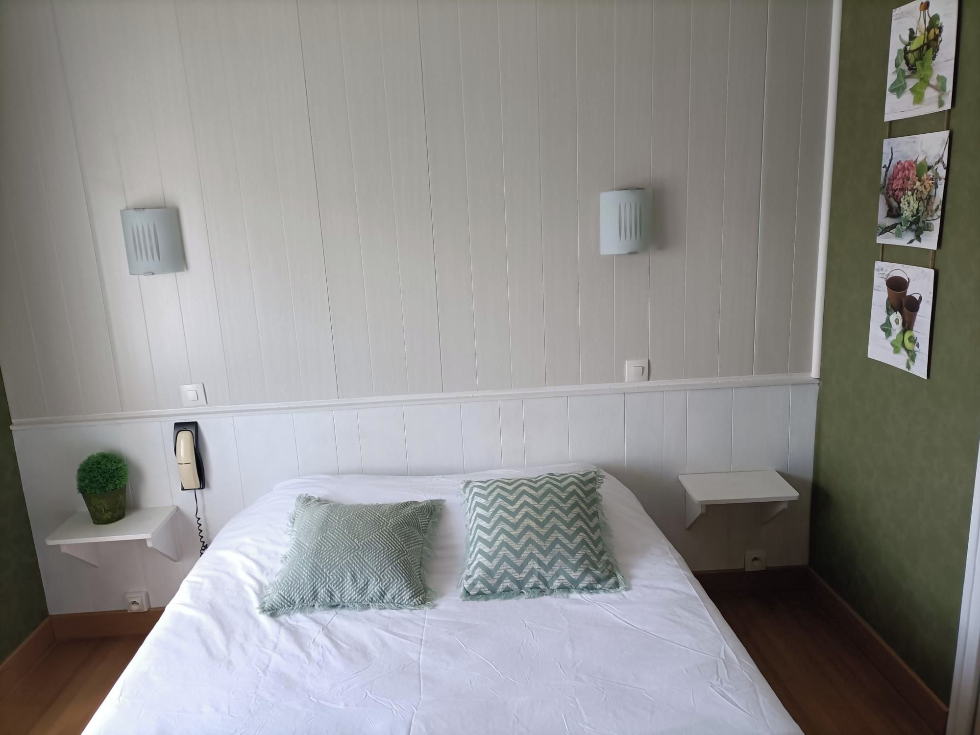 A bedroom with a large bed, two bedside tables, a wall-mounted light fixture, and a small potted plant.