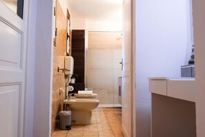 A narrow hallway leading to a bathroom with a toilet, sink, and shower.