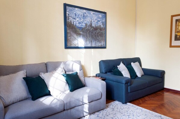 A living room with two sofas, one grey and one blue, each with multiple cushions. A framed painting hangs on the wall above the sofas.