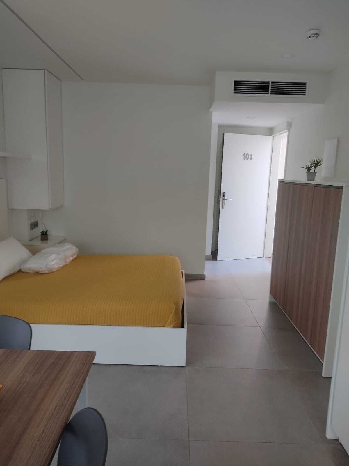 A hotel room with a bed, a wooden table, a desk, a wardrobe, and a door labeled '101'.