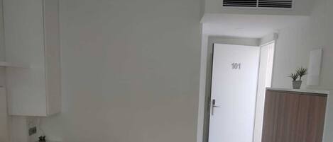 A hotel room with a bed, a wooden table, a desk, a wardrobe, and a door labeled '101'.