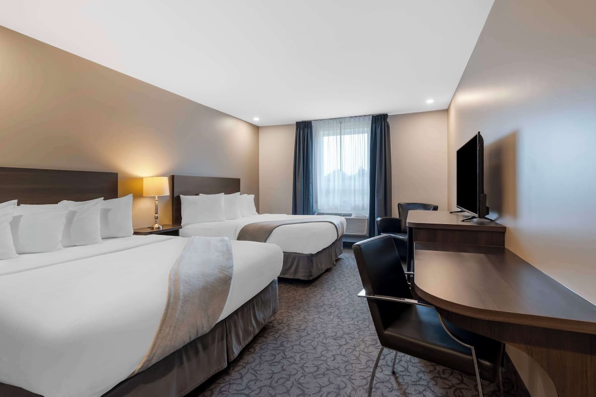 hypo-allergenic bedding, desk, laptop workspace, blackout curtains