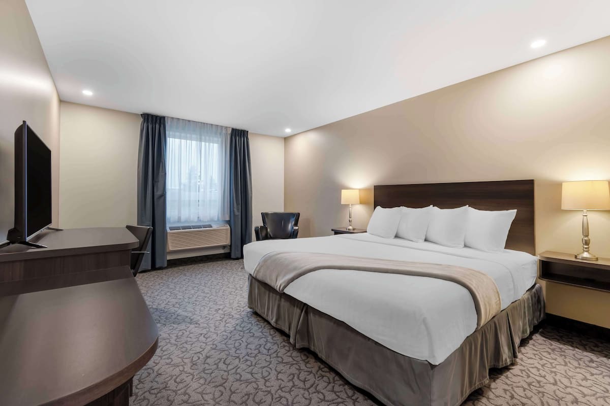 A hotel room with a large bed, a desk, a chair, a TV, and a window with curtains.