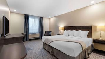 Hypo-allergenic bedding, desk, laptop workspace, blackout drapes