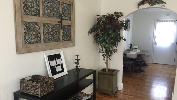 Un salon doté d’un parquet, d’une console noire agrémentée d’objets décoratifs, d’une plante en pot et d’un panneau décoratif fixé au mur.