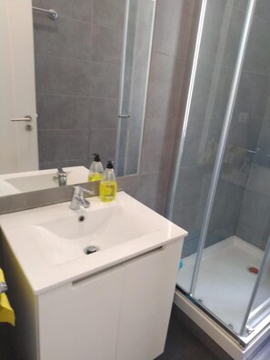 Shower, hair dryer, towels, soap