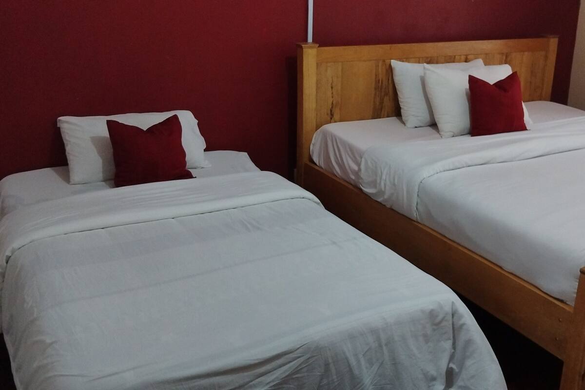 Zwei Einzelbetten mit Holzrahmen und weißer Bettwäsche, rote Kissen und ein Holz-Kopfteil.