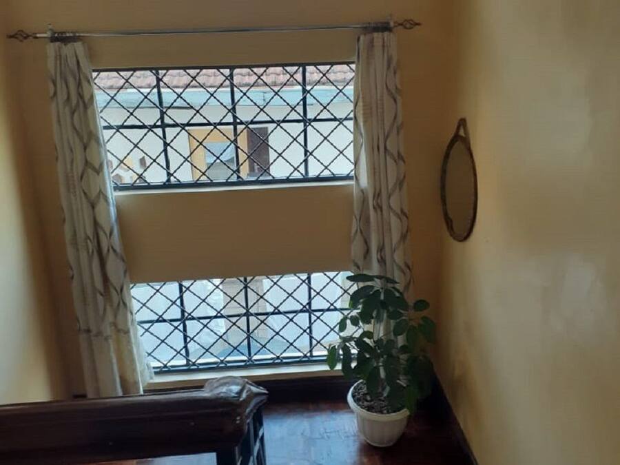 Una escalera conduce a un rellano con una planta en maceta y vistas a través de una ventana con reja.