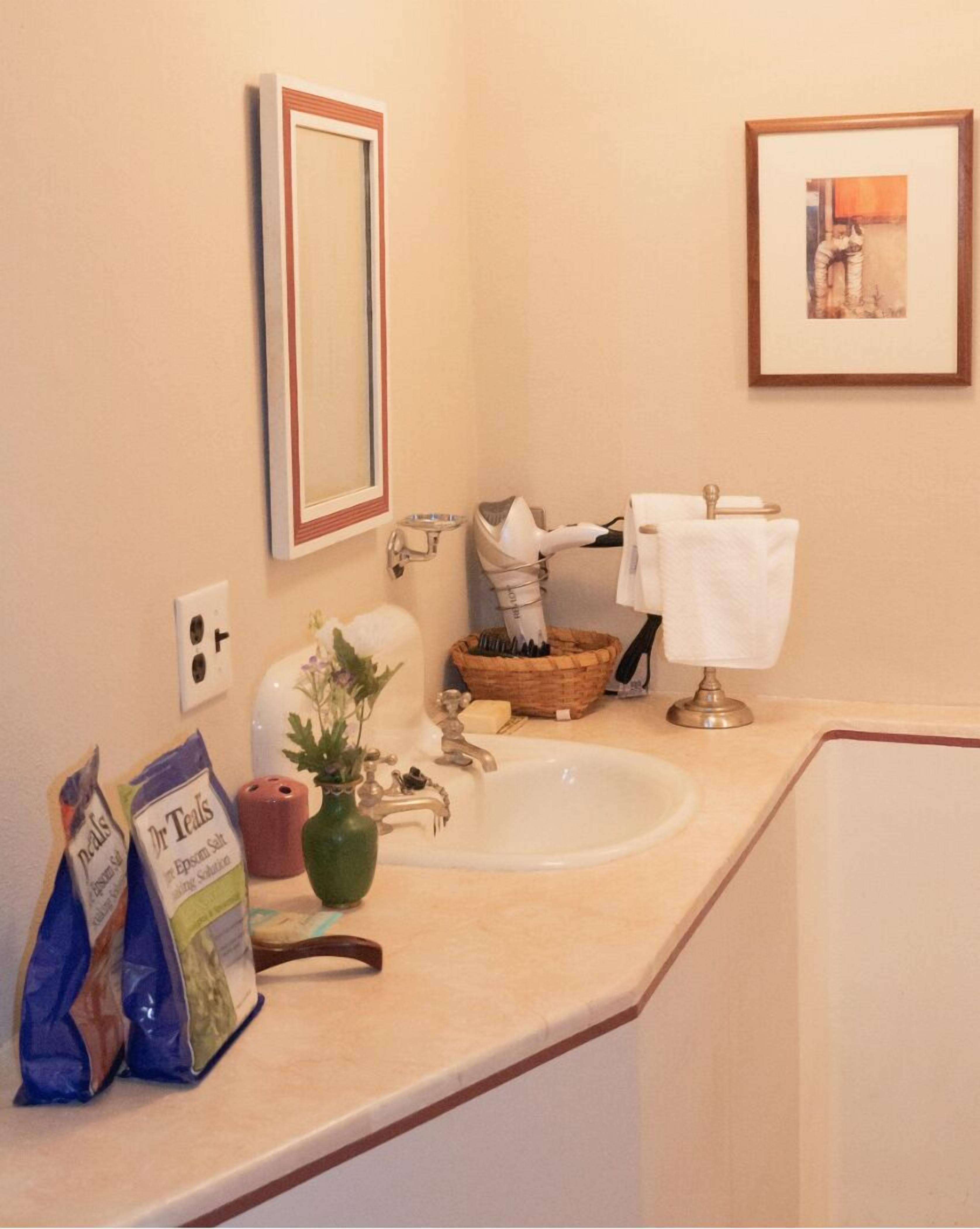 A bathroom with a sink, mirror, towel rack, and a framed picture on the wall.