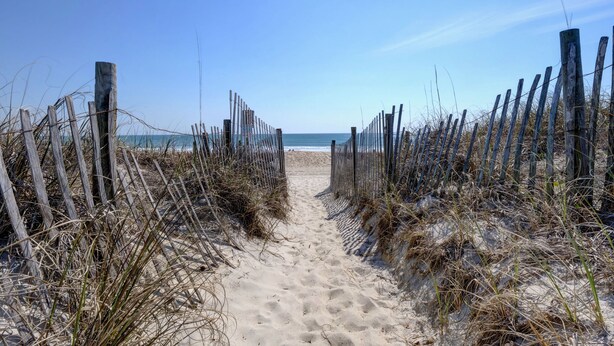 Un sentier de sable qui longe la plage et mène à l’océan, bordé de clôtures en bois et d’herbes sèches.