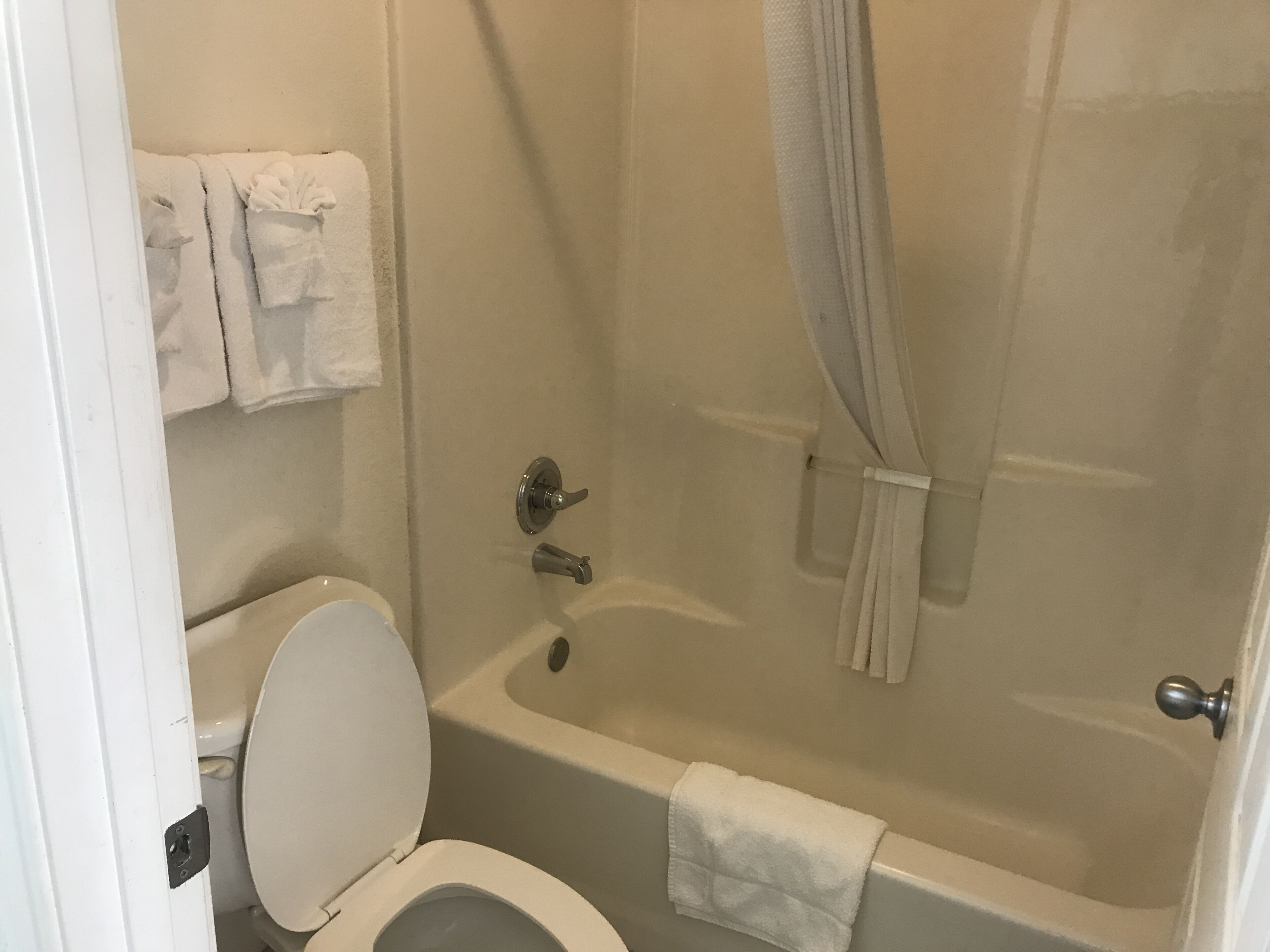 A bathroom with a toilet, bathtub, and shower curtain.