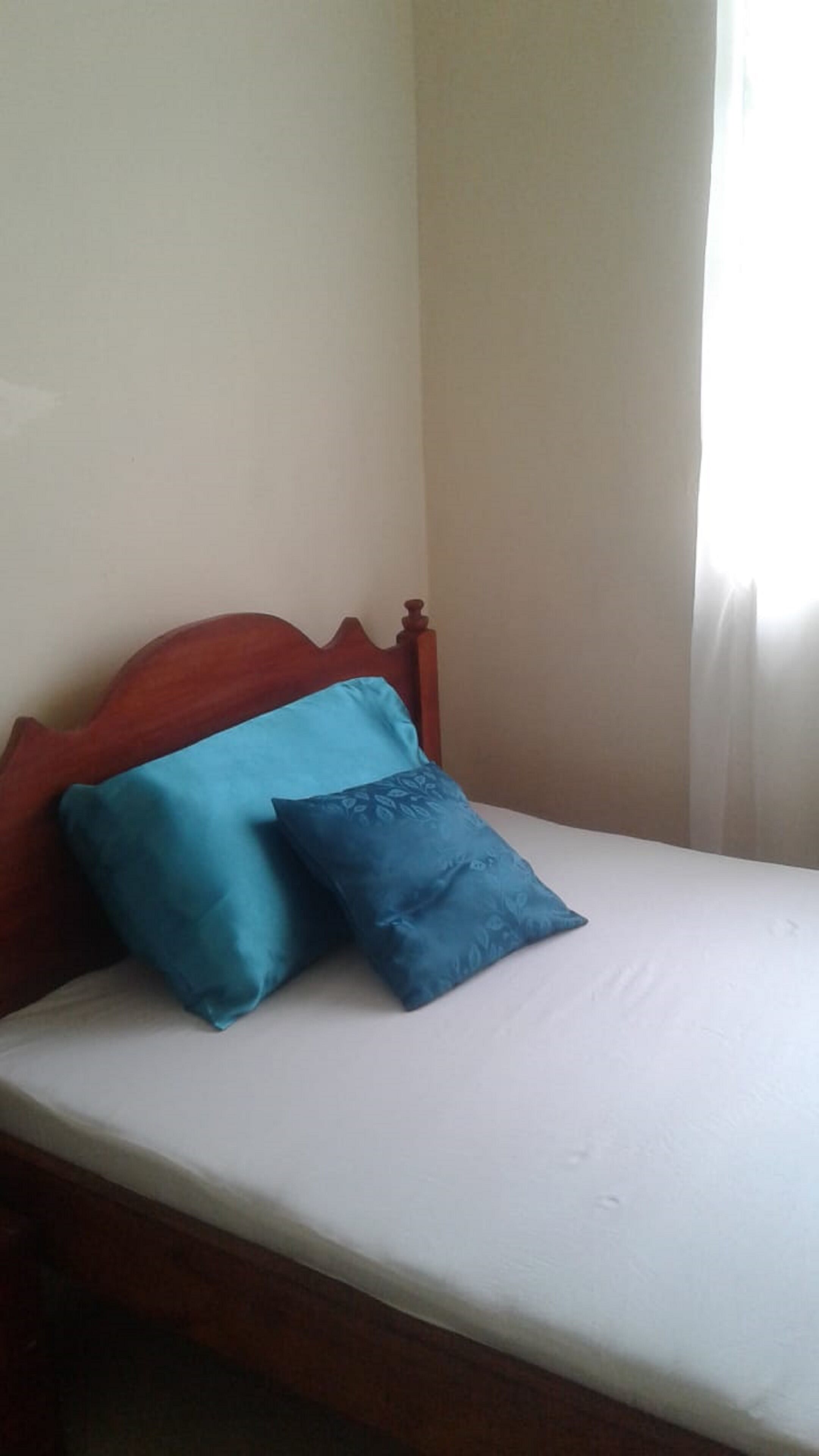 A bed with a wooden headboard and two pillows.
