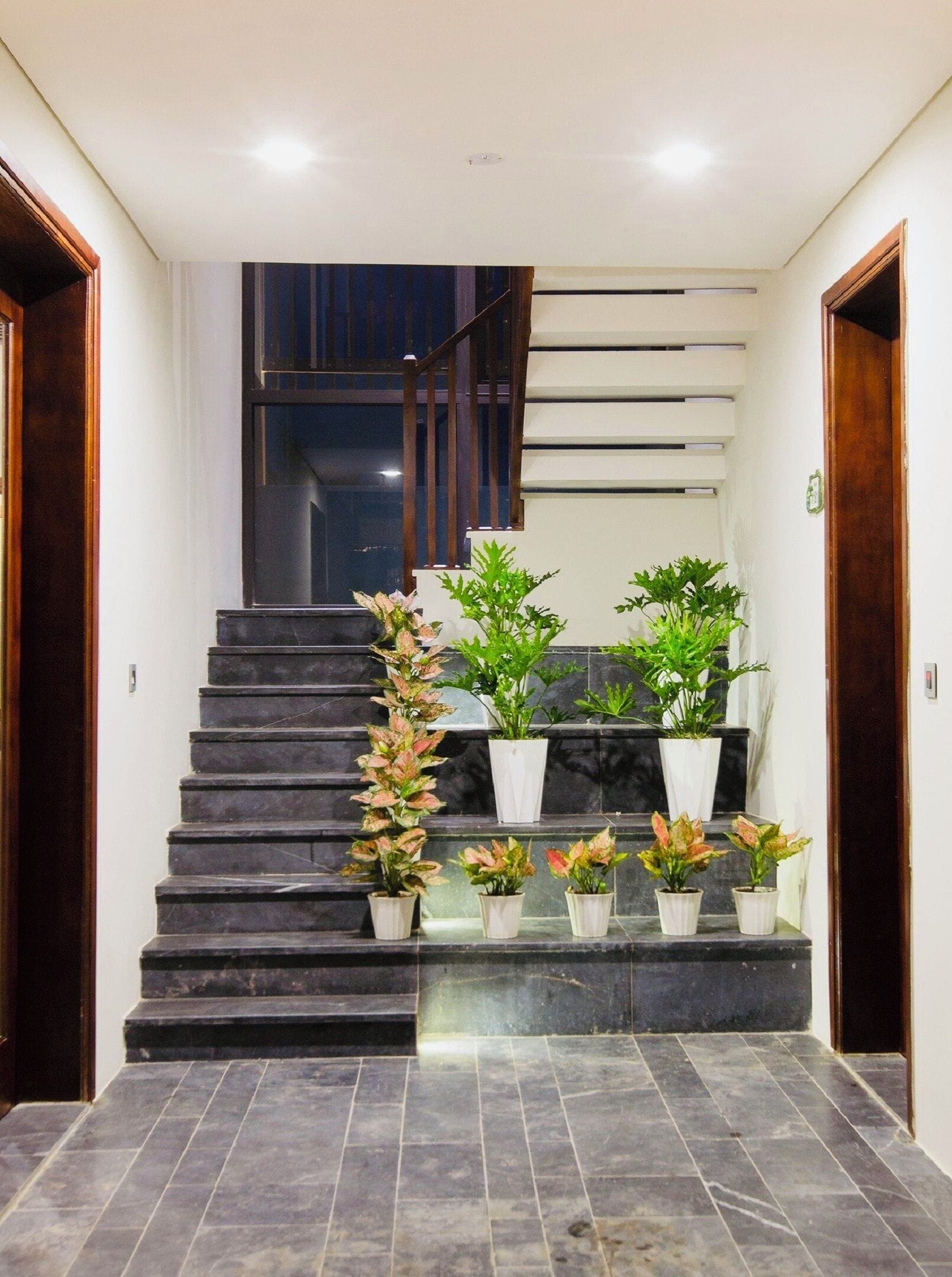 A staircase with potted plants, a dark wooden handrail, and a white wall with a window.