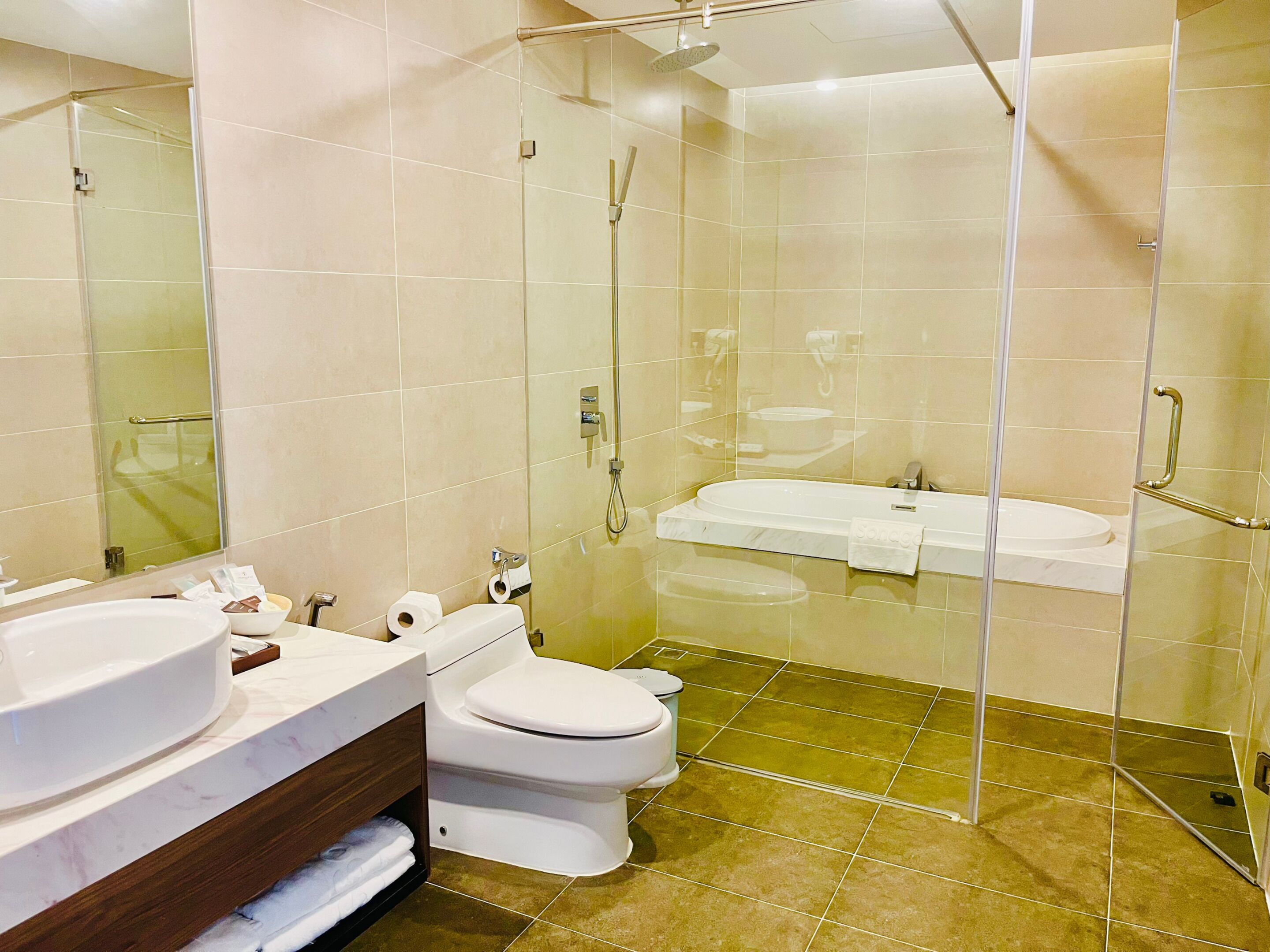 A modern bathroom with a glass-enclosed shower, a white sink, and a toilet.