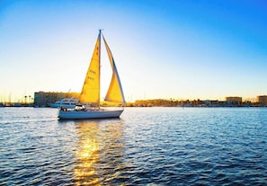 A sailboat with yellow sails on a calm body of water. - Amber Tide - Bright 1BR Marina Gem Ocean View (Marina Del Rey)