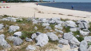 A beach with large rocks in the foreground, a sandy shore, and a clear blue sky.